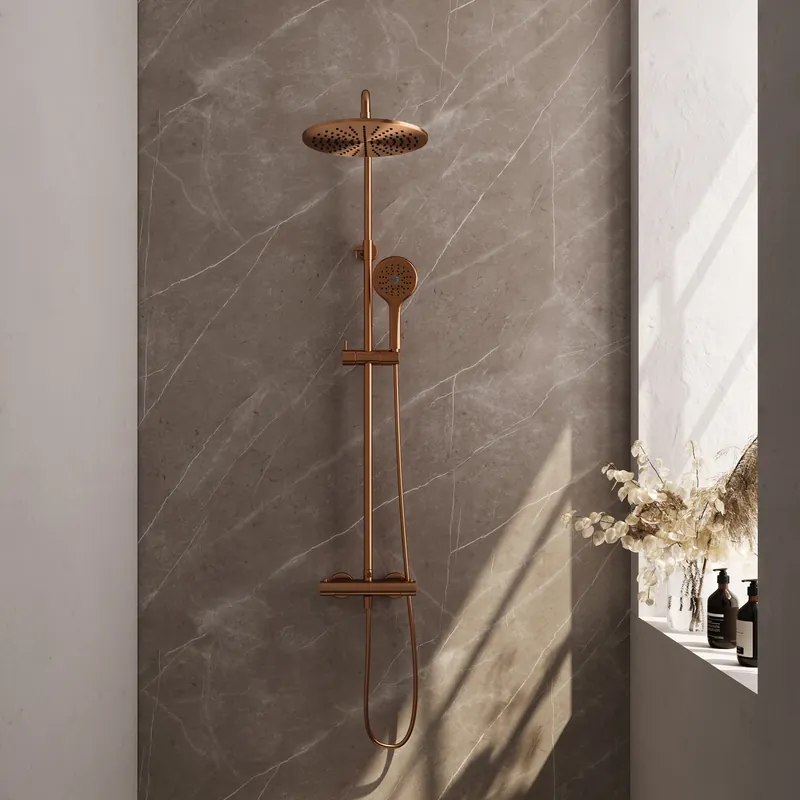 Brauer Copper Editon Regendoucheset: Thermostatische Opbouwkraan met Omstel, Stijgbuis, Douchekop 30cm, 3-Standen Handdouche & Doucheslang - Set 4 - Draaiknoppen - PVD - Geborsteld Koper Uitverkoop
