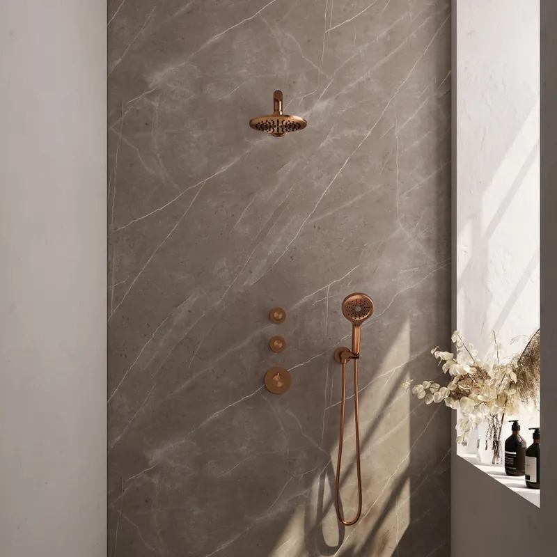 Brauer Copper Editon Regendoucheset: Thermostatische Inbouwkraan met Stopkranen, Rechte Wandarm, Douchekop 20cm, Wandhouder met Wateruitlaat, 3-Standen Handdouche & Doucheslang - Set 7 - Draaiknoppen - PVD - Geborsteld Koper Koopje