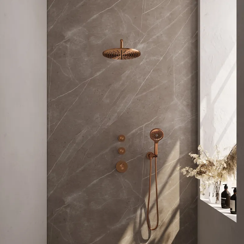 Actieprijs Brauer Copper Editon Regendoucheset: Thermostatische Inbouwkraan met Stopkranen, Gebogen Wandarm, Douchekop 30cm, Wandhouder met Wateruitlaat, 3-Standen Handdouche & Doucheslang - Set 10 - Draaiknoppen - PVD - Geborsteld Koper