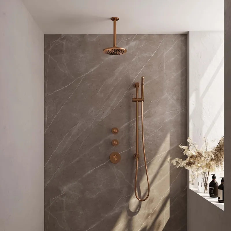 Brauer Copper Editon Regendoucheset: Thermostatische Inbouwkraan met Stopkranen, Plafondarm, Douchekop 20cm, Glijstang met Wateruitlaat, Staafhanddouche & Doucheslang - Set 17 - Draaiknoppen - PVD - Geborsteld Koper Koop Vandaag