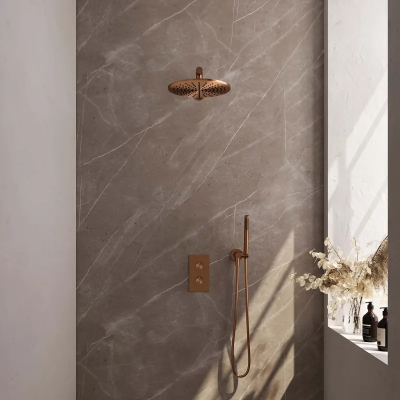 Nieuw Brauer Copper Editon Regendoucheset: Thermostatische Inbouwkraan met 3-Weg Omstel, Rechte Wandarm, Douchekop 30cm, Wandhouder met Wateruitlaat, Staafhanddouche & Doucheslang - Set 26 - Draaiknoppen - PVD - Geborsteld Koper