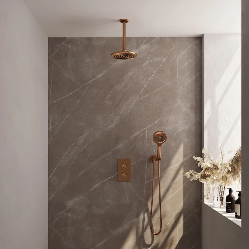 Betrouwbaar Brauer Copper Editon Regendoucheset: Thermostatische Inbouwkraan met 3-Weg Omstel, Plafondarm, Douchekop 20cm, Wandhouder met Wateruitlaat, 3-Standen Handdouche & Doucheslang - Set 35 - Draaiknoppen - PVD - Geborsteld Koper