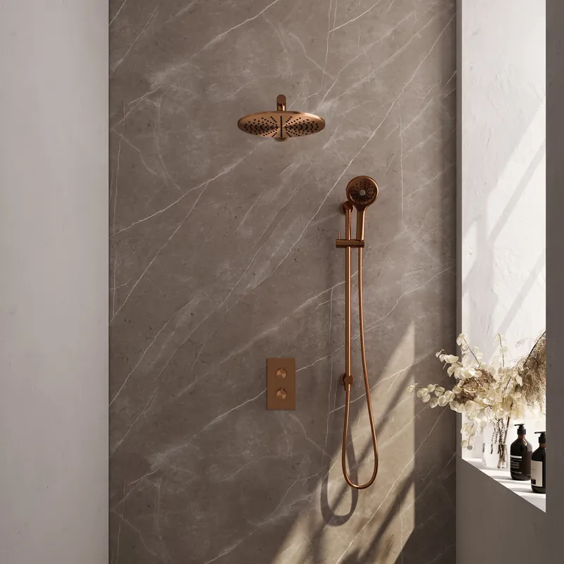 Brauer Copper Editon Regendoucheset: Thermostatische Inbouwkraan met 3-Weg Omstel, Rechte Wandarm, Douchekop 30cm, Glijstang met Wateruitlaat, 3-Standen Handdouche & Doucheslang - Set 44 - Draaiknoppen - PVD - Geborsteld Koper Tijdelijk Beschikbaar