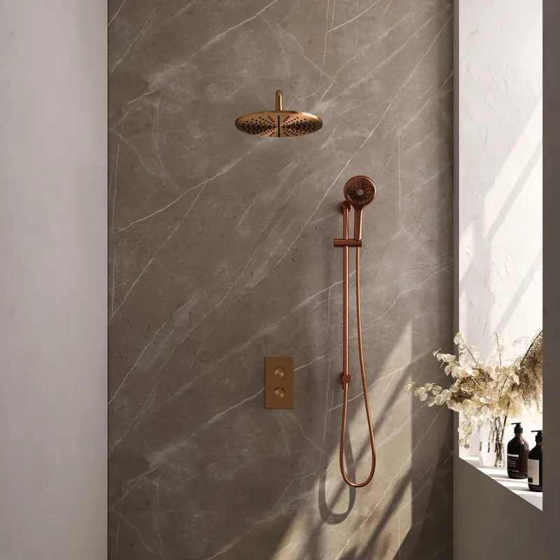 Brauer Copper Editon Regendoucheset: Thermostatische Inbouwkraan met 3-Weg Omstel, Gebogen Wandarm, Douchekop 30cm, Glijstang met Wateruitlaat, 3-Standen Handdouche & Doucheslang - Set 46 - Draaiknoppen - PVD - Geborsteld Koper Populair