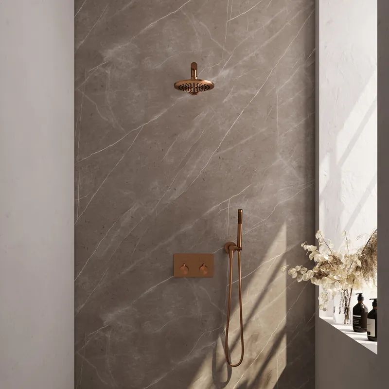 Veilige Betaling Brauer Copper Editon Regendoucheset: Thermostatische Inbouwkraan met Drukknoppen, Rechte Wandarm, Douchekop 20cm, Wandhouder met Wateruitlaat, Staafhanddouche & Doucheslang - Set 49 - Draaiknoppen - PVD - Geborsteld Koper