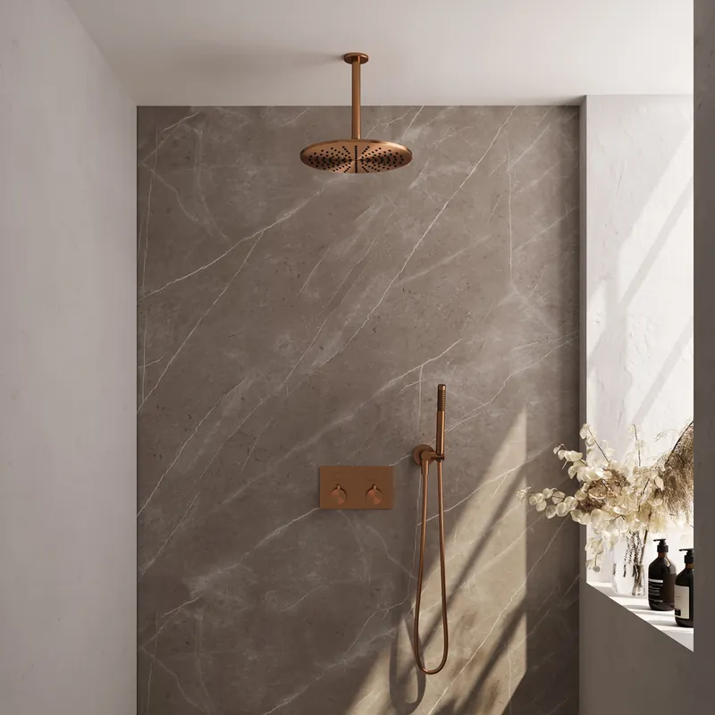Brauer Copper Editon Regendoucheset: Thermostatische Inbouwkraan met Drukknoppen, Plafondarm, Douchekop 30cm, Wandhouder met Wateruitlaat, Staafhanddouche & Doucheslang - Set 54 - Draaiknoppen - PVD - Geborsteld Koper Koopje