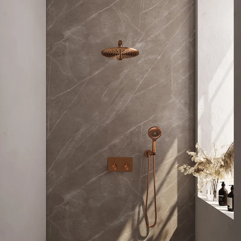 Exclusieve Aanbieding Brauer Copper Editon Regendoucheset: Thermostatische Inbouwkraan met Drukknoppen, Rechte Wandarm, Douchekop 30cm, Wandhouder met Wateruitlaat, 3-Standen Handdouche & Doucheslang - Set 56 - Draaiknoppen - PVD - Geborsteld Koper