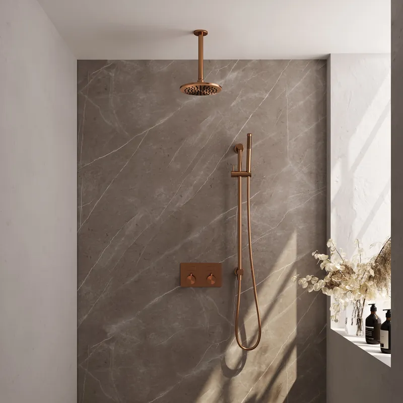 Brauer Copper Editon Regendoucheset: Thermostatische Inbouwkraan met Drukknoppen, Plafondarm, Douchekop 20cm, Glijstang met Wateruitlaat, Staafhanddouche & Doucheslang - Set 65 - Draaiknoppen - PVD - Geborsteld Koper Korting
