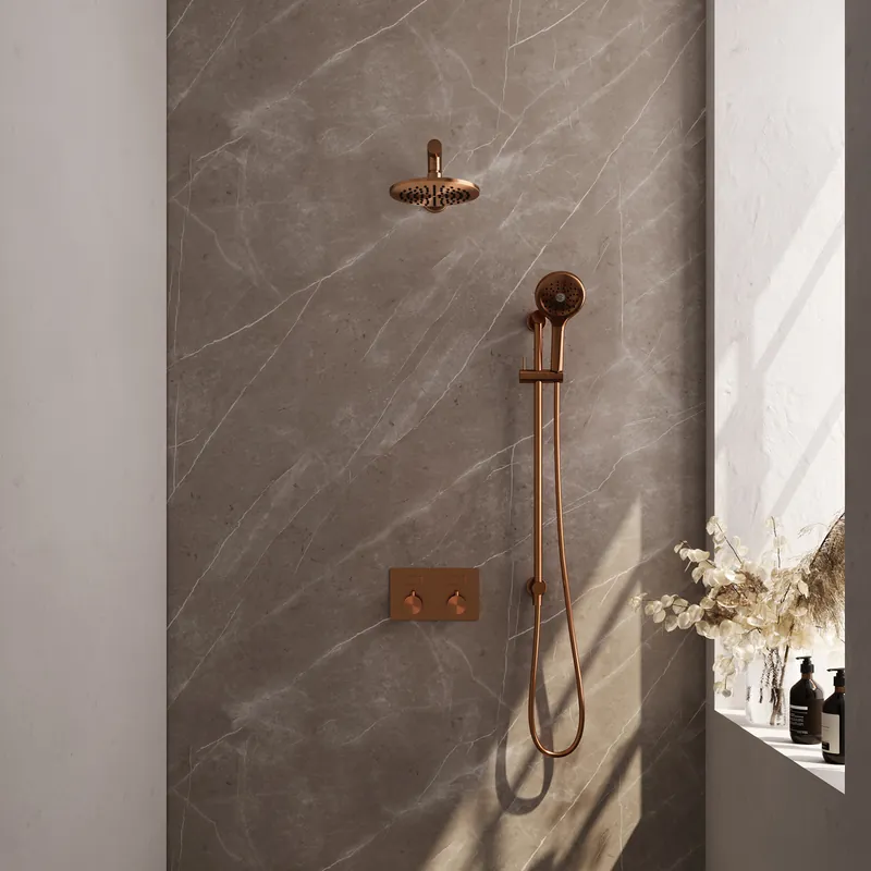 Shop Nu Brauer Copper Editon Regendoucheset: Thermostatische Inbouwkraan met Drukknoppen, Rechte Wandarm, Douchekop 20cm, Glijstang met Wateruitlaat, 3-Standen Handdouche & Doucheslang - Set 67 - Draaiknoppen - PVD - Geborsteld Koper