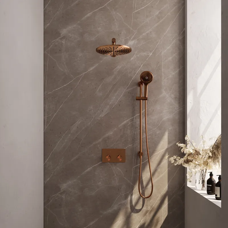 Veilige Betaling Brauer Copper Editon Regendoucheset: Thermostatische Inbouwkraan met Drukknoppen, Rechte Wandarm, Douchekop 30cm, Glijstang met Wateruitlaat, 3-Standen Handdouche & Doucheslang - Set 68 - Draaiknoppen - PVD - Geborsteld Koper