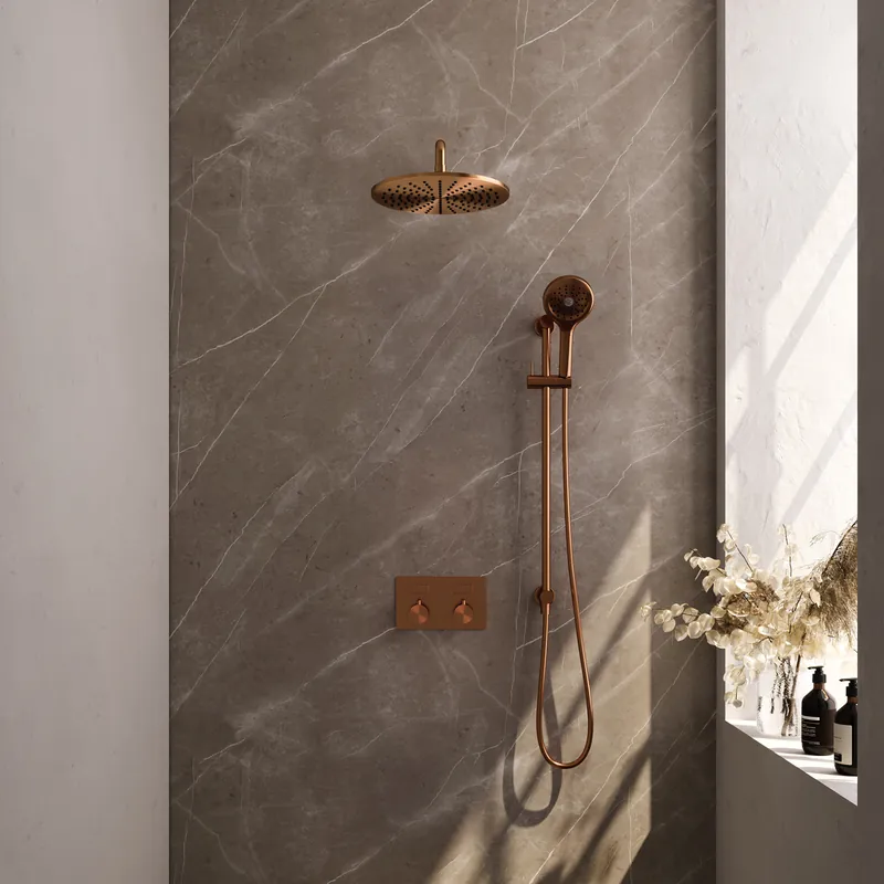 Voordeelprijs Brauer Copper Editon Regendoucheset: Thermostatische Inbouwkraan met Drukknoppen, Gebogen Wandarm, Douchekop 30cm, Glijstang met Wateruitlaat, 3-Standen Handdouche & Doucheslang - Set 70 - Draaiknoppen - PVD - Geborsteld Koper