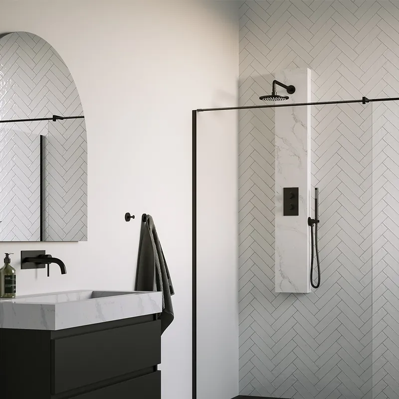 Brauer Gold Calacatta Douchepaneel met Regendoucheset: Thermostatische Inbouwkraan, 2-Weg Omstel, Gebogen Wandarm, Douchekop 20cm, Wandhouder met Wateruitlaat, Staafhanddouche & Doucheslang - Mat Zwart Dagaanbieding