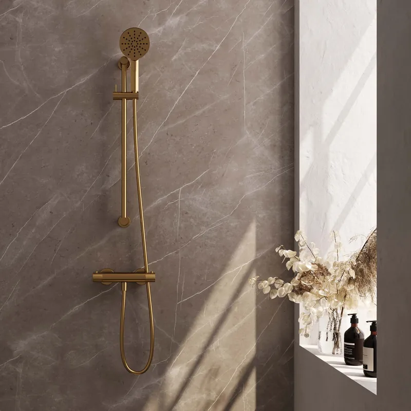 Brauer Gold Carving Doucheset: Thermostatische Opbouwkraan met Glijstang, Staafhanddouche & Doucheslang - Set 2 - Geribbeld Draaiknoppen - PVD - Geborsteld Goud Koop Vandaag