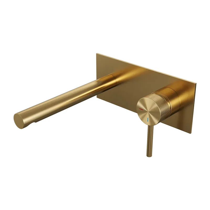 Brauer Gold Carving Inbouw Wastafelmengkraan met Rechte Uitloop & Afdekplaat - Model A1 - Geribbeld Hendel Rechts - PVD - PVD - Geborsteld Goud Op = Op