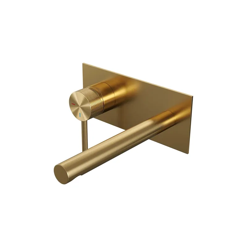 Betaalbaar Brauer Gold Carving Inbouw Wastafelmengkraan met Rechte Uitloop & Afdekplaat - Model A1 - Geribbeld Hendel Links - PVD - PVD - Geborsteld Goud