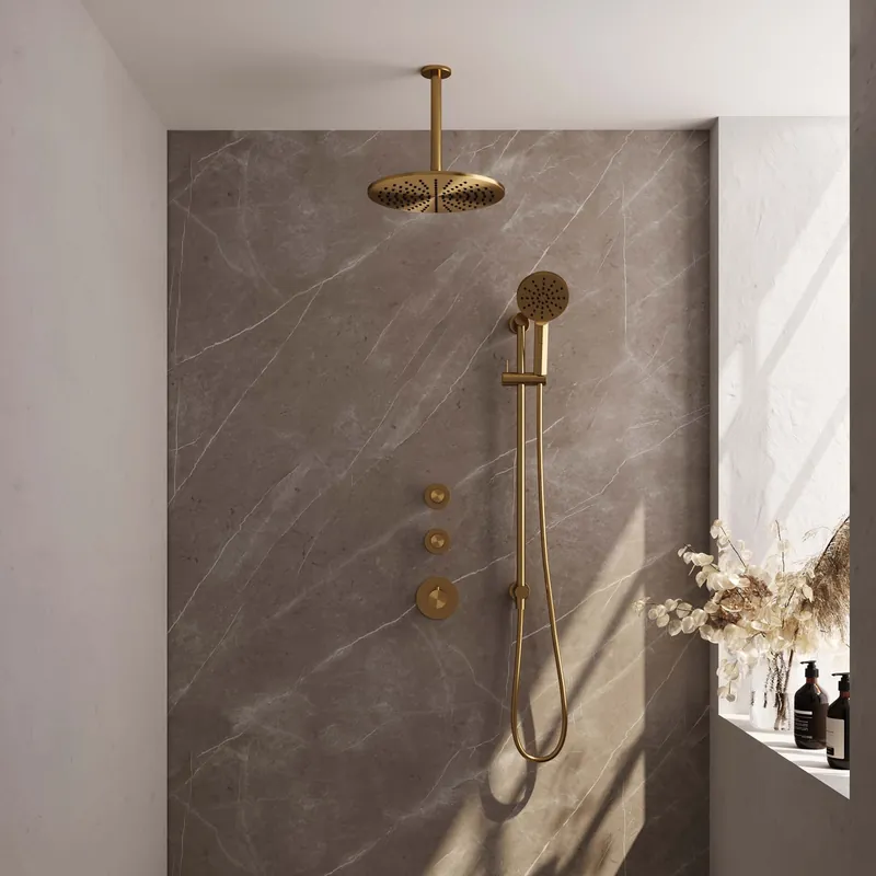 Brauer Gold Carving Regendoucheset: Thermostatische Inbouwkraan met Stopkranen, Plafondarm, Douchekop 30cm, Glijstang met Wateruitlaat, 3-Standen Handdouche & Doucheslang - Set 24 - Geribbeld Draaiknoppen - PVD - Geborsteld Goud Lage Prijs