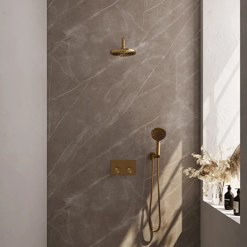 Laatste Versie Brauer Gold Carving Regendoucheset: Thermostatische Inbouwkraan met Drukknoppen, Gebogen Wandarm, Douchekop 20cm, Wandhouder met Wateruitlaat, 3-Standen Handdouche & Doucheslang - Set 57 - Geribbeld Draaiknoppen - PVD - Geborsteld Goud