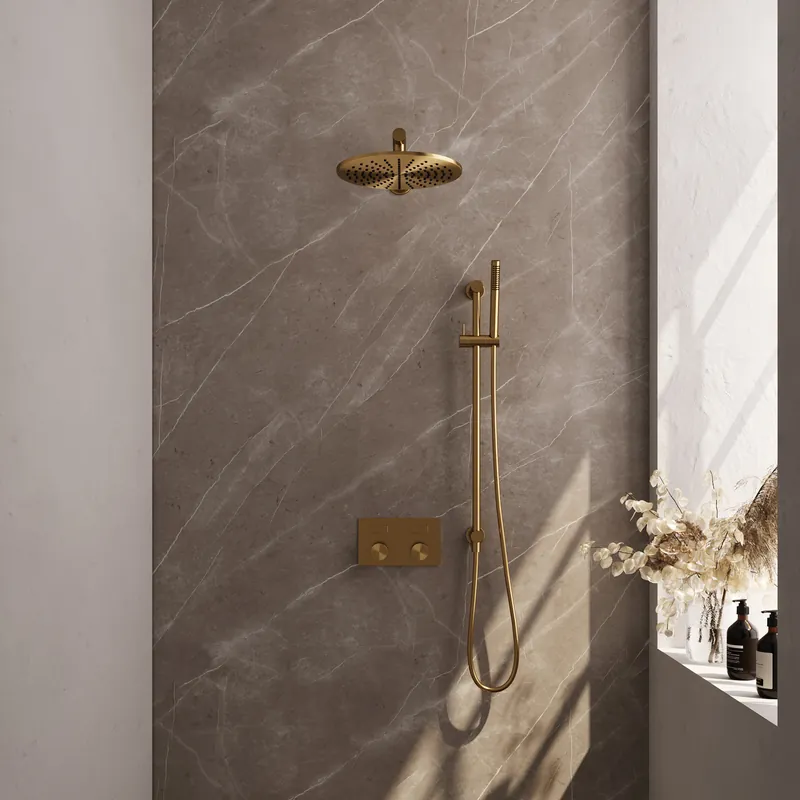 Beste Prijs Brauer Gold Carving Regendoucheset: Thermostatische Inbouwkraan met Drukknoppen, Rechte Wandarm, Douchekop 30cm, Glijstang met Wateruitlaat, Staafhanddouche & Doucheslang - Set 62 - Geribbeld Draaiknoppen - PVD - Geborsteld Goud