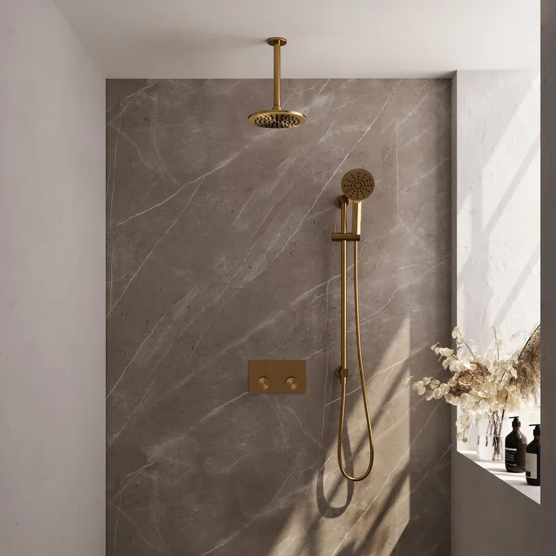 Brauer Gold Carving Regendoucheset: Thermostatische Inbouwkraan met Drukknoppen, Plafondarm, Douchekop 20cm, Glijstang met Wateruitlaat, 3-Standen Handdouche & Doucheslang - Set 71 - Geribbeld Draaiknoppen - PVD - Geborsteld Goud Betrouwbaar