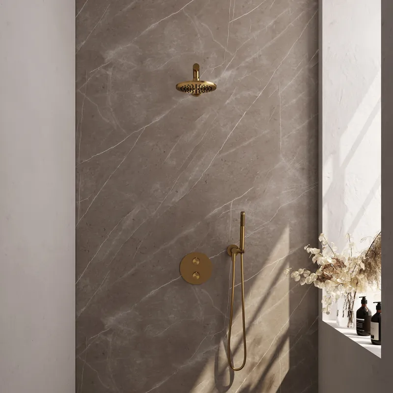 Bestel Nu Brauer Gold Carving Regendoucheset: Thermostatische Inbouwkraan met 3-Weg Omstel, Rechte Wandarm, Douchekop 20cm, Wandaansluitbocht, Staafhanddouche & Doucheslang - Set 73 - Draaiknoppen - Geborsteld Goud