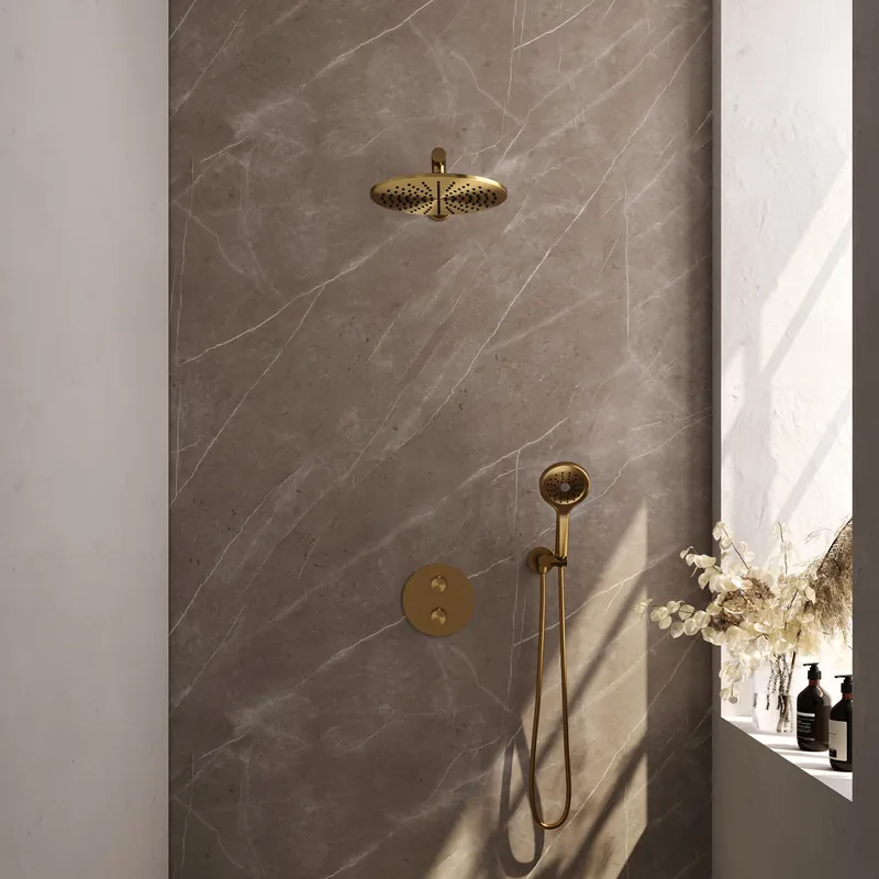 Betrouwbaar Brauer Gold Carving Regendoucheset: Thermostatische Inbouwkraan met 3-Weg Omstel, Rechte Wandarm, Douchekop 30cm, Wandaansluitbocht, 3-Standen Handdouche & Doucheslang - Set 80 - Draaiknoppen - Geborsteld Goud