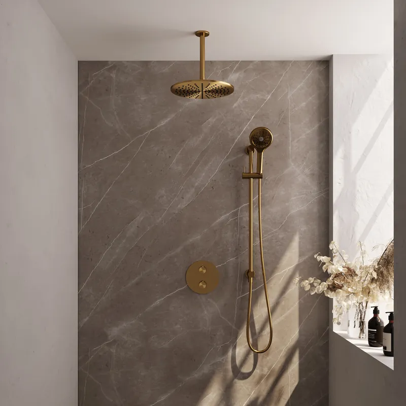 Brauer Gold Carving Regendoucheset: Thermostatische Inbouwkraan met 3-Weg Omstel, Plafondarm, Douchekop 30cm, Geintegreerde Glijstang, 3-Standen Handdouche & Doucheslang - Set 96 - Draaiknoppen - Geborsteld Goud Favoriet