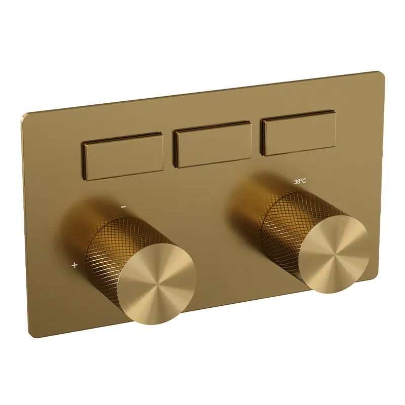 Brauer Gold Carving Thermostatisch Inbouwkraan met 3-Weg Omstel - 3 Drukknoppen & 2 Geribbeld Draaiknoppen - PVD - Geborsteld Goud Direct Beschikbaar