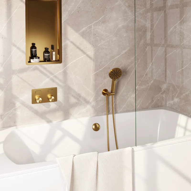 Lage Prijs Brauer Gold Carving Thermostatische Inbouw Badkraan met Omstel, Badvulcombinatie, Drukknoppen, Wandhouder met Wateruitlaat, 3-Standen Handdouche & Doucheslang - Set 4 - Geribbeld Draaiknoppen - PVD - Geborsteld Goud