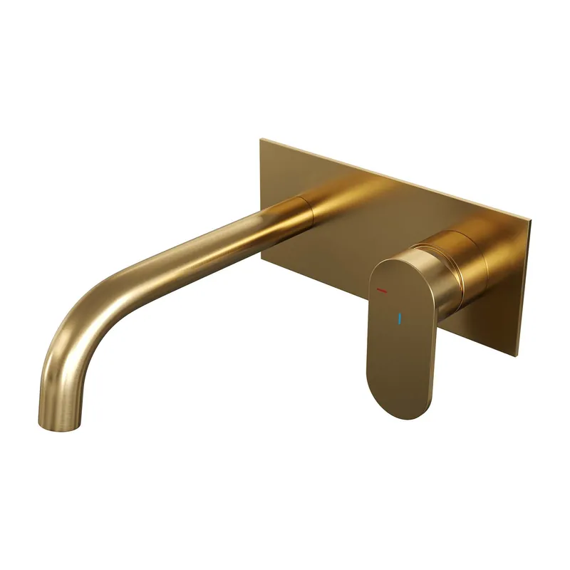 Brauer Gold Edition Inbouw Wastafelmengkraan met Gebogen Uitloop & Afdekplaat - Model C1 - Hendel Rechts - PVD - Geborsteld Goud Nieuw