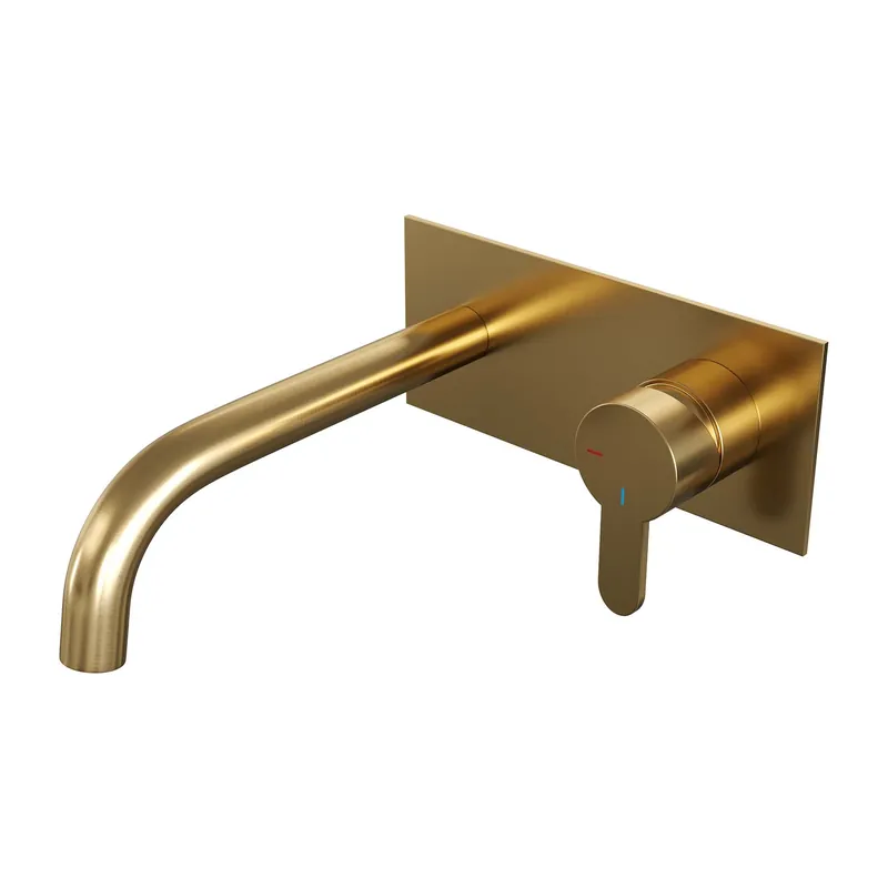 Brauer Gold Edition Inbouw Wastafelmengkraan met Gebogen Uitloop & Afdekplaat - Model D1 - Hendel Rechts - PVD - Geborsteld Goud Hoge Kwaliteit