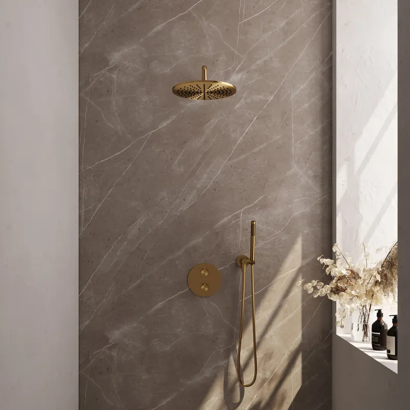 Brauer Gold Edition Regendoucheset: Thermostatische Inbouwkraan met 3-Weg Omstel, Gebogen Wandarm, Douchekop 30cm, Wandaansluitbocht, Staafhanddouche & Doucheslang - Set 76 - Draaiknoppen - Geborsteld Goud Nieuw