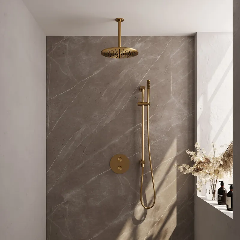 Brauer Gold Edition Regendoucheset: Thermostatische Inbouwkraan met 3-Weg Omstel, Plafondarm, Douchekop 30cm, Geintegreerde Glijstang, Staafhanddouche & Doucheslang - Set 90 - Draaiknoppen - Geborsteld Goud Superprijs
