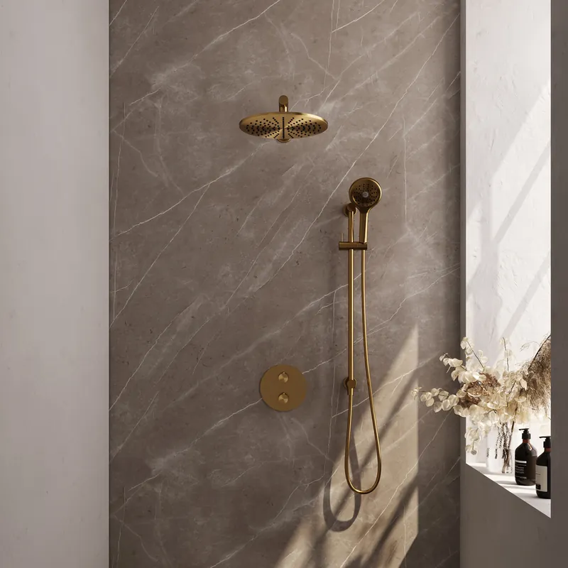 Weekendaanbieding Brauer Gold Edition Regendoucheset: Thermostatische Inbouwkraan met 3-Weg Omstel, Rechte Wandarm, Douchekop 30cm, Geintegreerde Glijstang, 3-Standen Handdouche & Doucheslang - Set 92 - Draaiknoppen - Geborsteld Goud