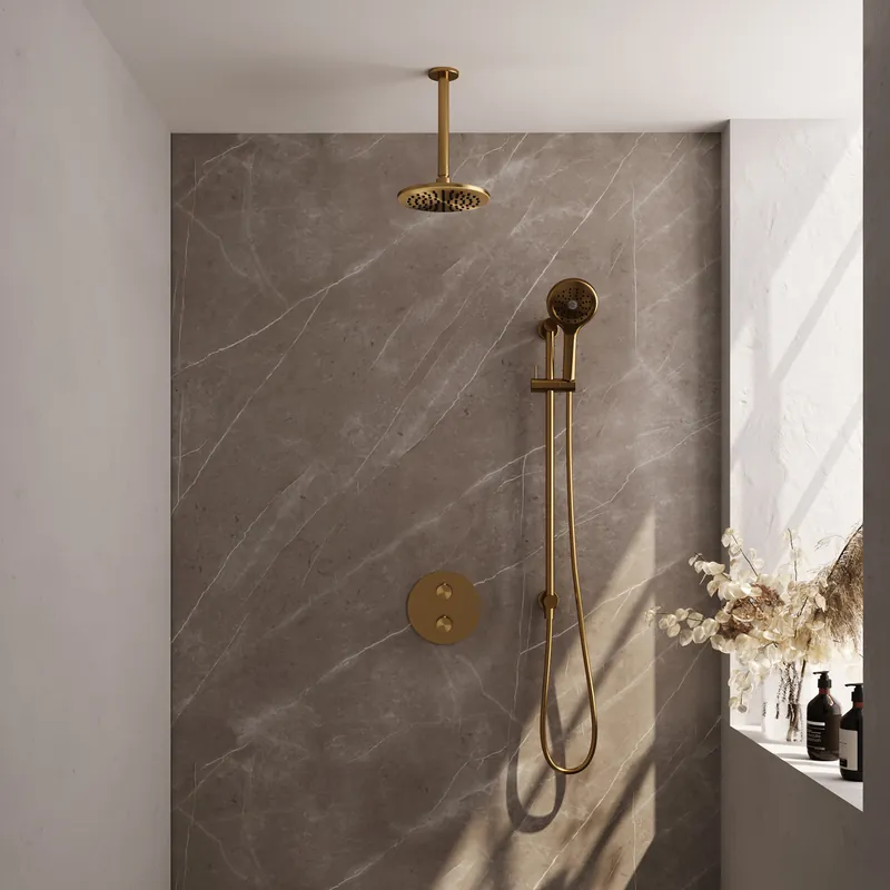 Koop Vandaag Brauer Gold Edition Regendoucheset: Thermostatische Inbouwkraan met 3-Weg Omstel, Plafondarm, Douchekop 20cm, Geintegreerde Glijstang, 3-Standen Handdouche & Doucheslang - Set 95 - Draaiknoppen - Geborsteld Goud