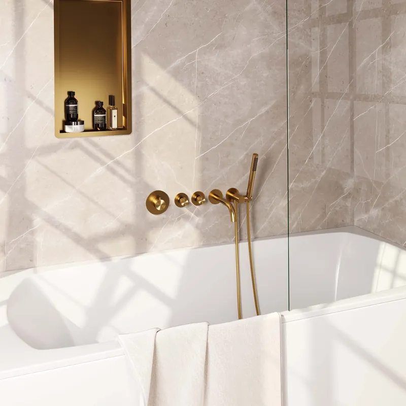 Brauer Gold Edition Thermostatische Inbouw Badkraan met Omstel, Uitloop, Stopkranen, Wandhouder met Wateruitlaat, Staafhanddouche & Doucheslang - Set 1 - Draaiknoppen - PVD - Geborsteld Goud Express Levering
