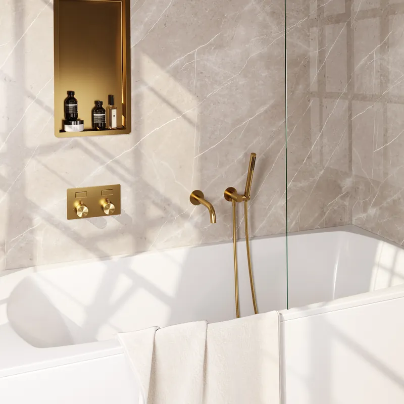 Brauer Gold Edition Thermostatische Inbouw Badkraan met Omstel, Uitloop, Drukknoppen, Wandhouder met Wateruitlaat, Staafhanddouche & Doucheslang - Set 3 - Draaiknoppen - PVD - Geborsteld Goud Meest Verkocht