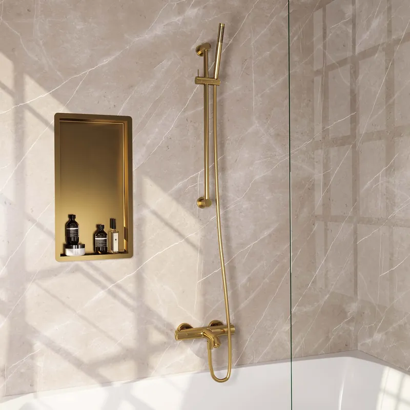 Beperkte Voorraad Brauer Gold Edition Thermostatische Opbouw Badkraan met Omstel, Glijstang, Staafhanddouche & Doucheslang - Set 1 - Draaiknoppen - PVD - Geborsteld Goud