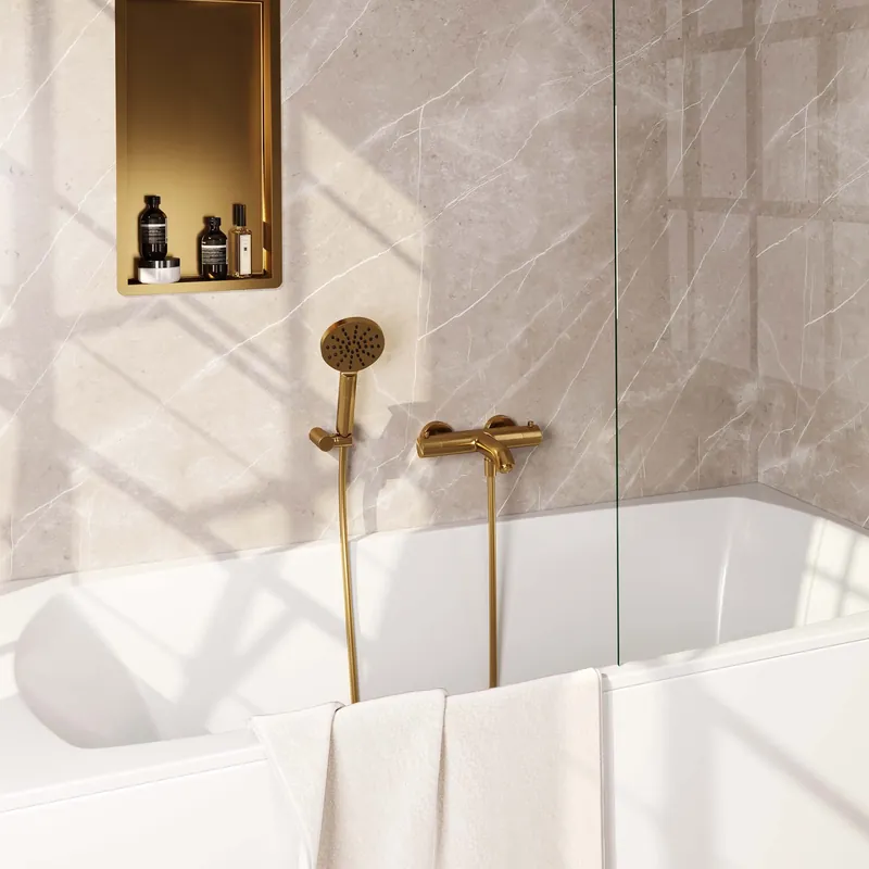 Brauer Gold Edition Thermostatische Opbouw Badkraan met Omstel, Wandhouder, 3-Standen Handdouche & Doucheslang - Set 4 - Draaiknoppen - PVD - Geborsteld Goud Gereduceerde Prijs