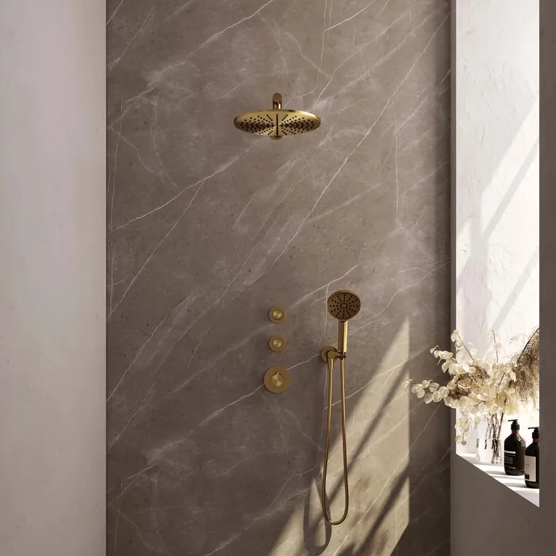Direct Verzonden Brauer Gold Editon Regendoucheset: Thermostatische Inbouwkraan met Stopkranen, Rechte Wandarm, Douchekop 30cm, Wandhouder met Wateruitlaat, 3-Standen Handdouche & Doucheslang - Set 8 - Draaiknoppen - PVD - Geborsteld Goud