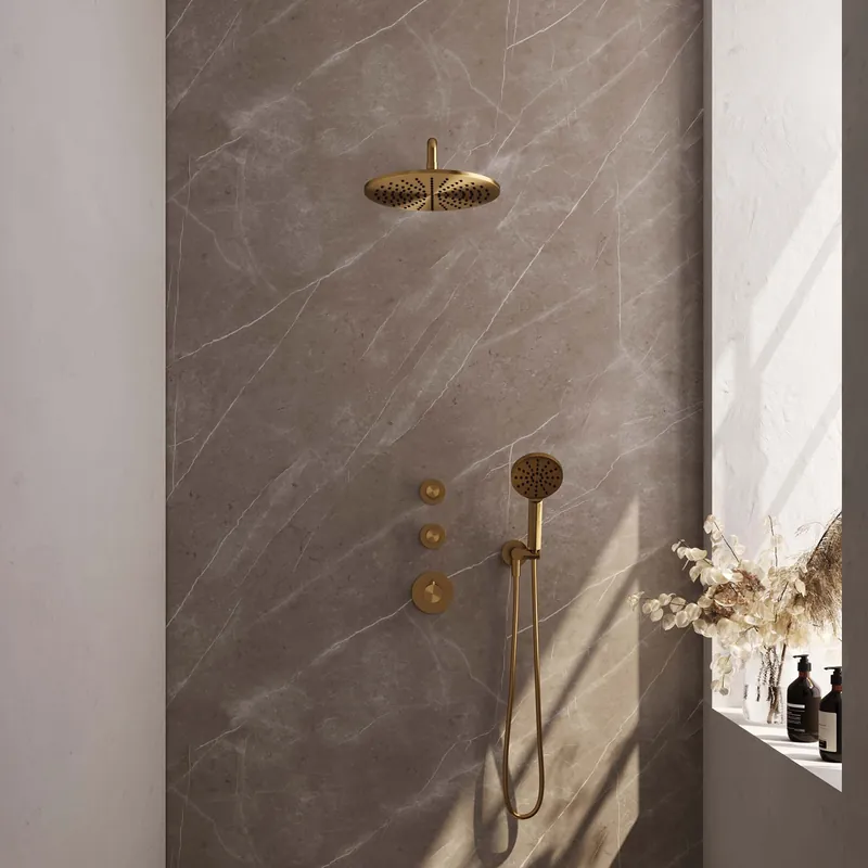 Beste Prijs Brauer Gold Editon Regendoucheset: Thermostatische Inbouwkraan met Stopkranen, Gebogen Wandarm, Douchekop 30cm, Wandhouder met Wateruitlaat, 3-Standen Handdouche & Doucheslang - Set 10 - Draaiknoppen - PVD - Geborsteld Goud