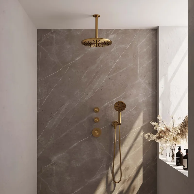 Brauer Gold Editon Regendoucheset: Thermostatische Inbouwkraan met Stopkranen, Plafondarm, Douchekop 30cm, Wandhouder met Wateruitlaat, 3-Standen Handdouche & Doucheslang - Set 12 - Draaiknoppen - PVD - Geborsteld Goud Goedkoop