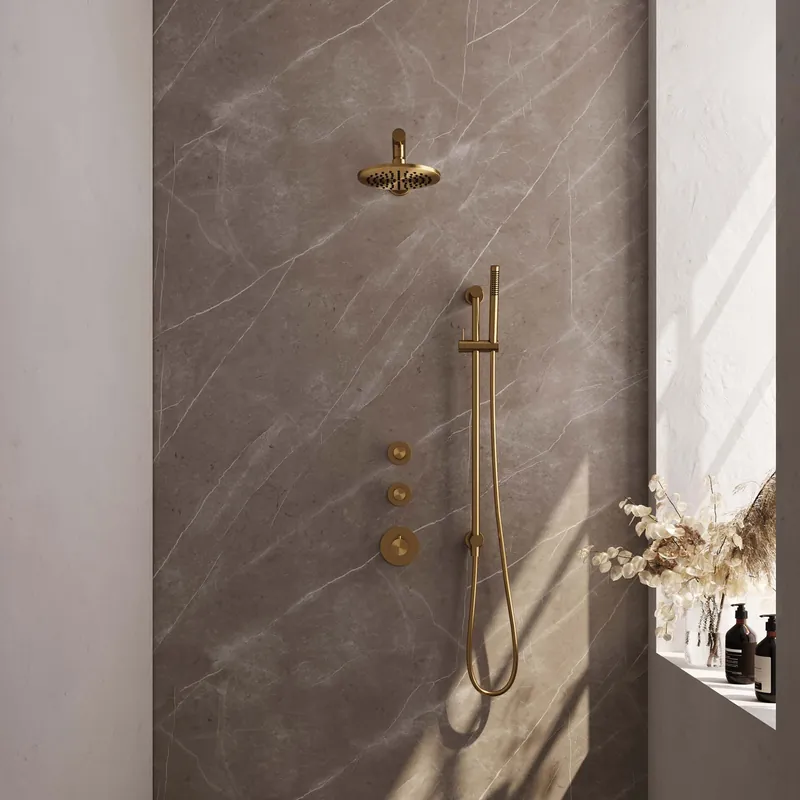 Laatste Kans Brauer Gold Editon Regendoucheset: Thermostatische Inbouwkraan met Stopkranen, Rechte Wandarm, Douchekop 20cm, Glijstang met Wateruitlaat, Staafhanddouche & Doucheslang - Set 13 - Draaiknoppen - PVD - Geborsteld Goud