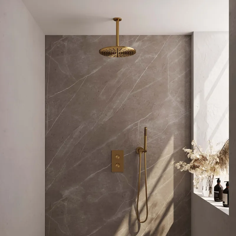 Shop Nu Brauer Gold Editon Regendoucheset: Thermostatische Inbouwkraan met 3-Weg Omstel, Plafondarm, Douchekop 30cm, Wandhouder met Wateruitlaat, Staafhanddouche & Doucheslang - Set 30 - Draaiknoppen - PVD - Geborsteld Goud