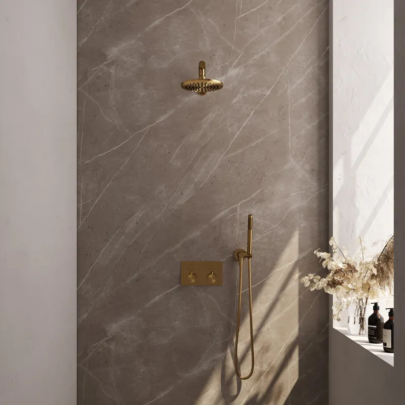 Beperkte Voorraad Brauer Gold Editon Regendoucheset: Thermostatische Inbouwkraan met Drukknoppen, Rechte Wandarm, Douchekop 20cm, Wandhouder met Wateruitlaat, Staafhanddouche & Doucheslang - Set 49 - Draaiknoppen - PVD - Geborsteld Goud
