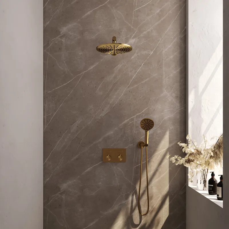 Brauer Gold Editon Regendoucheset: Thermostatische Inbouwkraan met Drukknoppen, Rechte Wandarm, Douchekop 30cm, Wandhouder met Wateruitlaat, 3-Standen Handdouche & Doucheslang - Set 56 - Draaiknoppen - PVD - Geborsteld Goud Nieuw