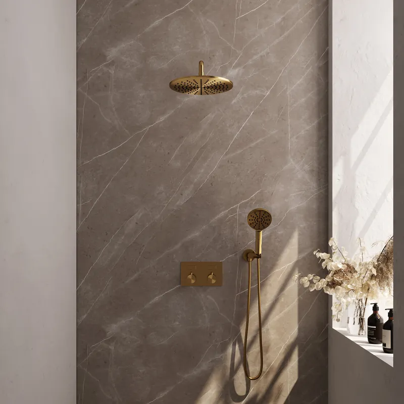 Brauer Gold Editon Regendoucheset: Thermostatische Inbouwkraan met Drukknoppen, Gebogen Wandarm, Douchekop 30cm, Wandhouder met Wateruitlaat, 3-Standen Handdouche & Doucheslang - Set 58 - Draaiknoppen - PVD - Geborsteld Goud Superprijs