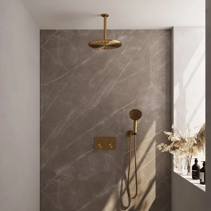 Op = Op Brauer Gold Editon Regendoucheset: Thermostatische Inbouwkraan met Drukknoppen, Plafondarm, Douchekop 30cm, Wandhouder met Wateruitlaat, 3-Standen Handdouche & Doucheslang - Set 60 - Draaiknoppen - PVD - Geborsteld Goud