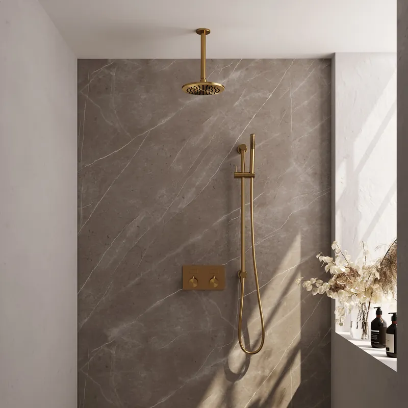 Brauer Gold Editon Regendoucheset: Thermostatische Inbouwkraan met Drukknoppen, Plafondarm, Douchekop 20cm, Glijstang met Wateruitlaat, Staafhanddouche & Doucheslang - Set 65 - Draaiknoppen - PVD - Geborsteld Goud Betaalbaar