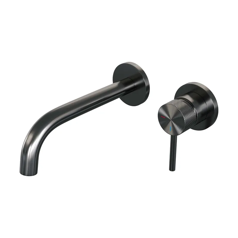 Brauer Gunmetal Carving Inbouw Wastafelmengkraan met Gebogen Uitloop & Rozetten - Model A1 - Geribbeld Hendel Rechts - PVD - PVD - Geborsteld Gunmetal Alleen Vandaag