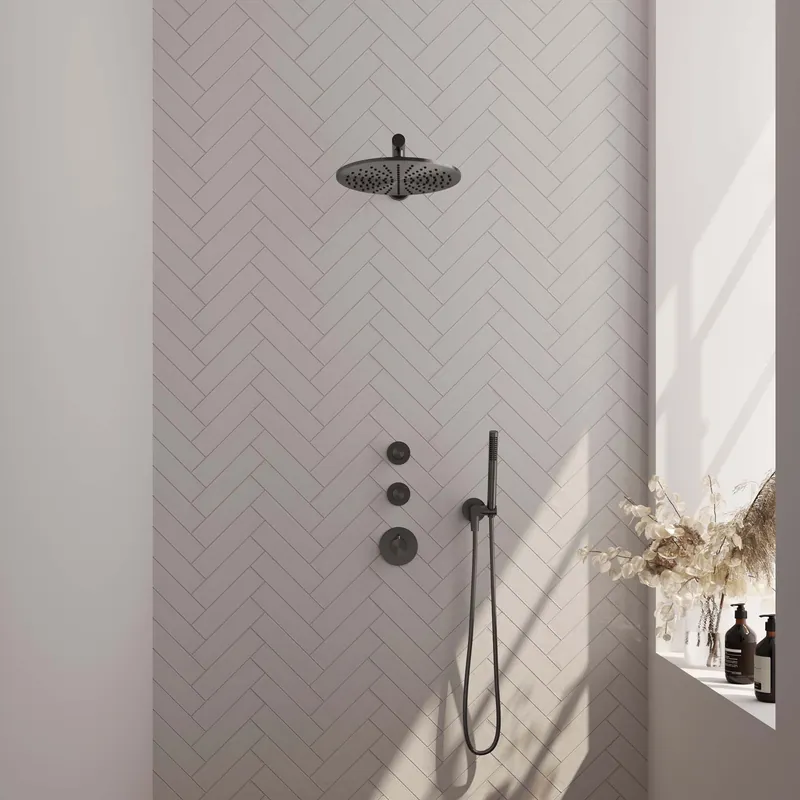 Koop Vandaag Brauer Gunmetal Carving Regendoucheset: Thermostatische Inbouwkraan met Stopkranen, Rechte Wandarm, Douchekop 30cm, Wandhouder met Wateruitlaat, Staafhanddouche & Doucheslang - Set 2 - Geribbeld Draaiknoppen - PVD - Geborsteld Gunmetal